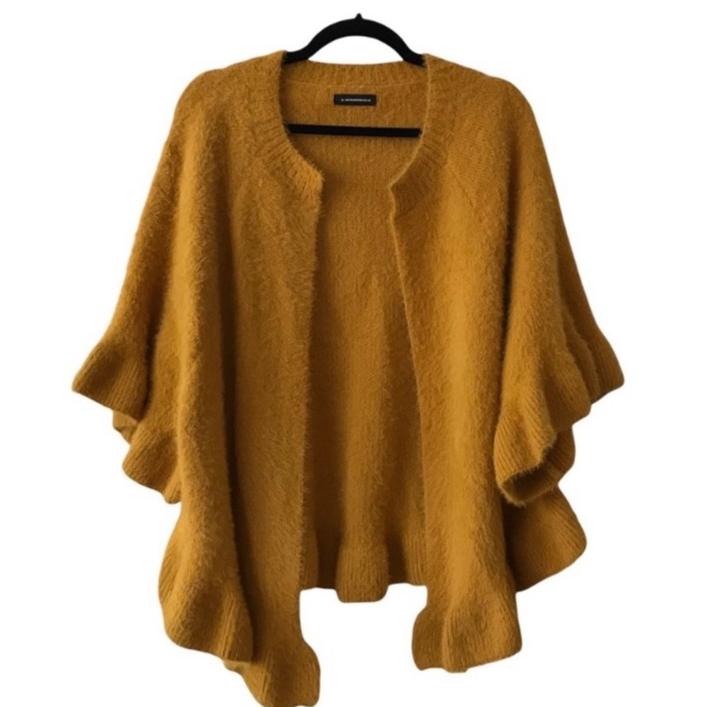 Anthropologie Mustard Fuzzy Ruffled Open Front Cardigan Sweater